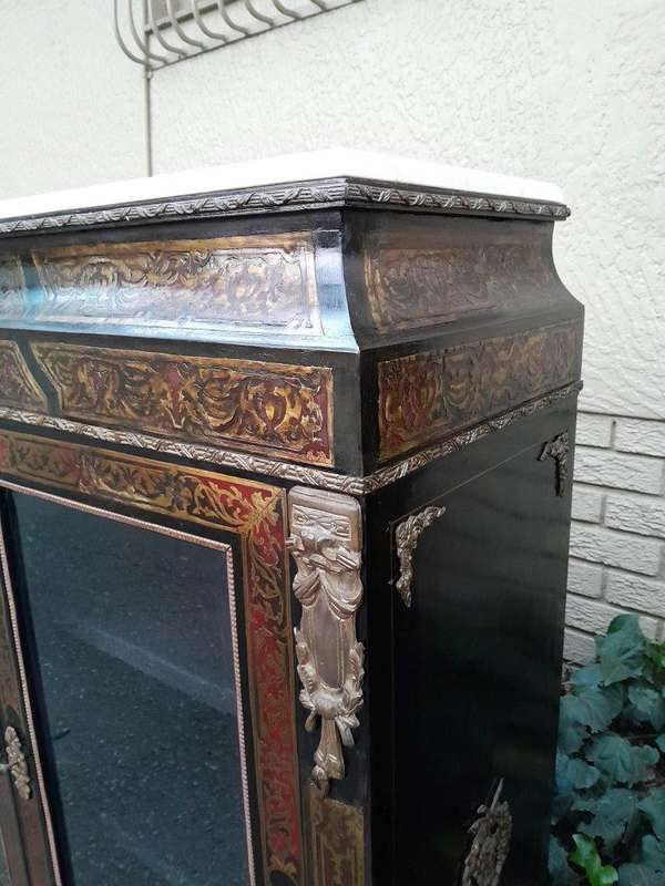 A Near Pair of Late 19th Century  / Early 20th century French Boulle Ebonised and Gilt Metal Cabi...