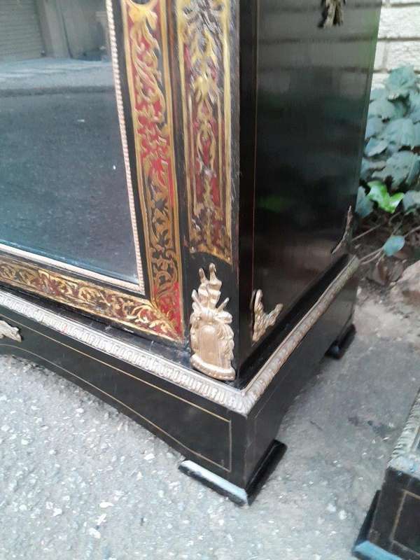 A Near Pair of Late 19th Century  / Early 20th century French Boulle Ebonised and Gilt Metal Cabi...
