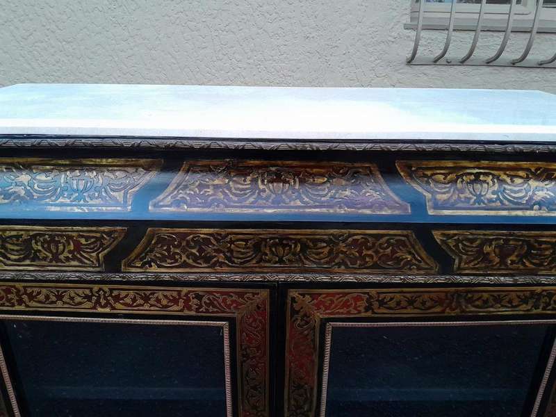 A Near Pair of Late 19th Century  / Early 20th century French Boulle Ebonised and Gilt Metal Cabi...
