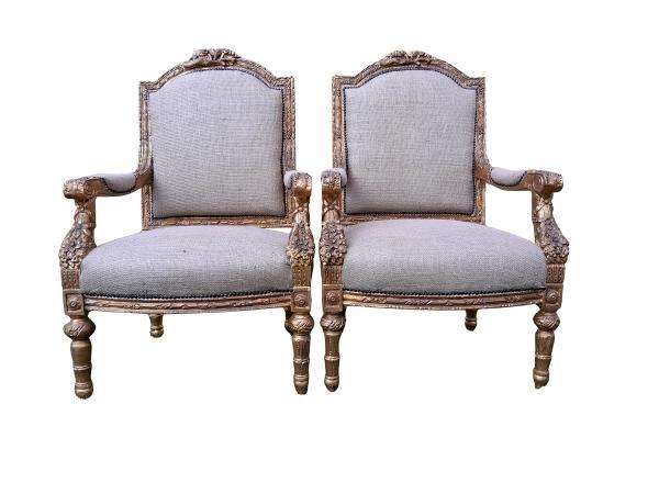 An Antique 19th Century French Pair of  Louis XV Style Heavily Carved Giltwood Armchairs