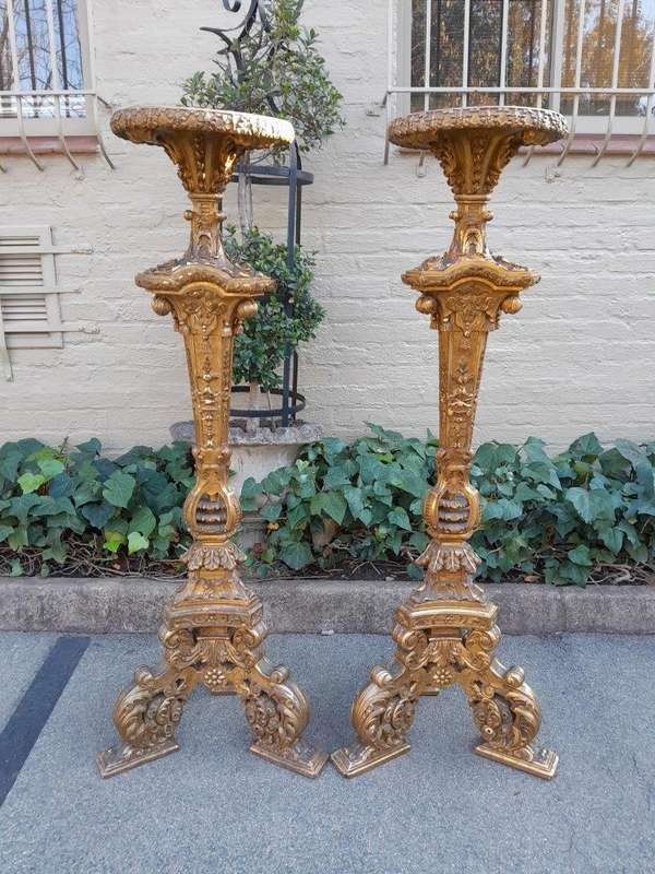 An Antique 19th Century Pair of Heavily Carved Gilt-Wood Candle Holders of Large Proportions