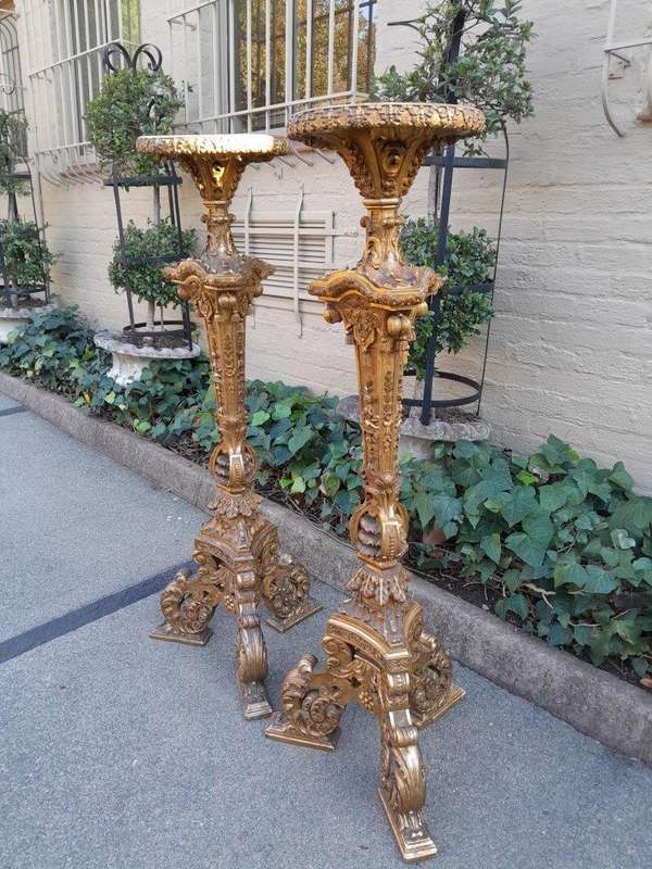 An Antique 19th Century Pair of Heavily Carved Gilt-Wood Candle Holders of Large Proportions