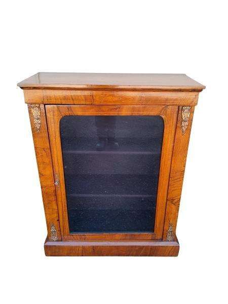 An Antique Victorian Walnut Cabinet with Metal Mounts and Glass Door