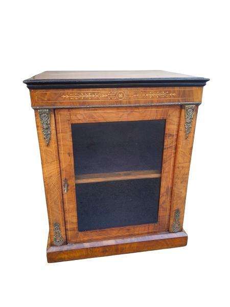 An Antique Victorian Walnut Cabinet with Metal Mounts and Glass Door