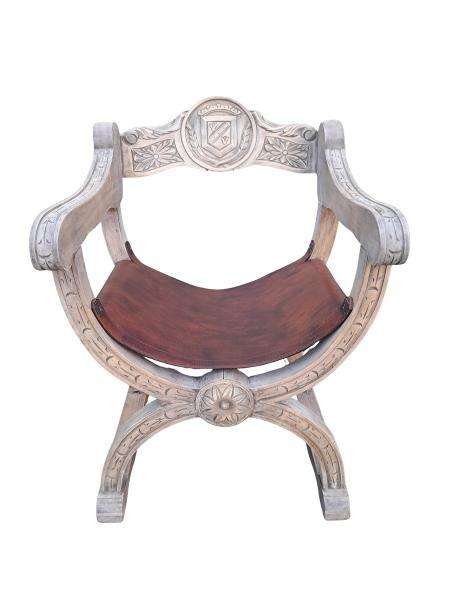 An Antique Early 20th Century Savonarola Carved Oak Chair with Leather Seat in a Contemporary Ble...