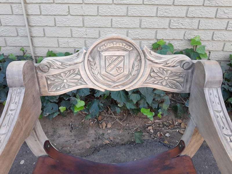 An Antique Early 20th Century Savonarola Carved Oak Chair with Leather Seat in a Contemporary Ble...