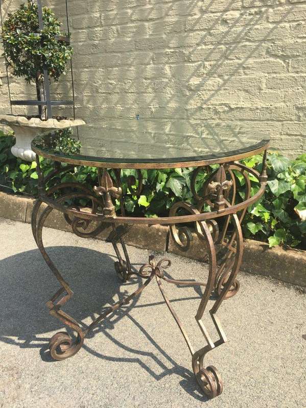 Gilded Wrought Iron Table with Scroll Detail and Mirror Top