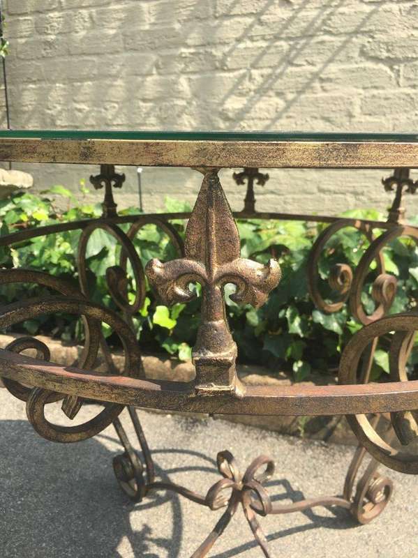 Gilded Wrought Iron Table with Scroll Detail and Mirror Top