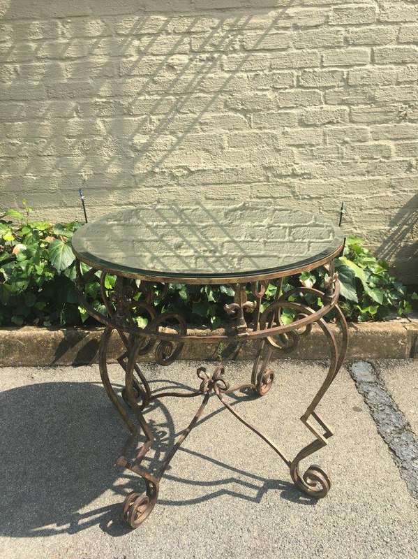 Gilded Wrought Iron Table with Scroll Detail and Mirror Top