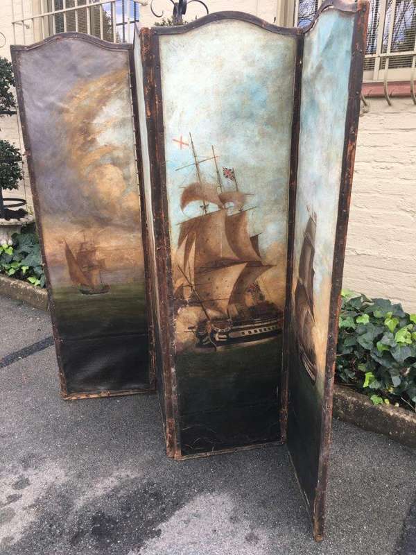 Antique Painted 4 Panel Screen - Ships