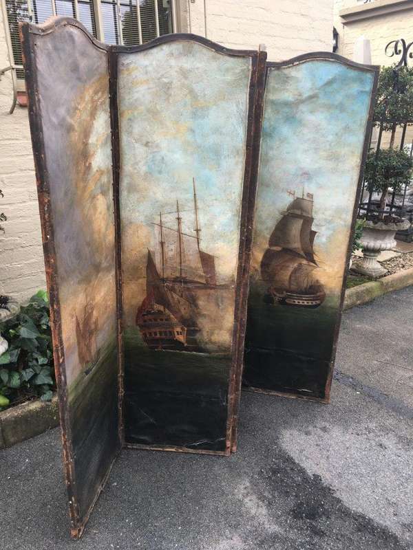 Antique Painted 4 Panel Screen - Ships