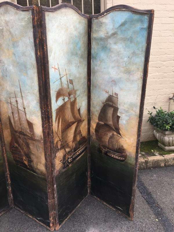 Antique Painted 4 Panel Screen - Ships