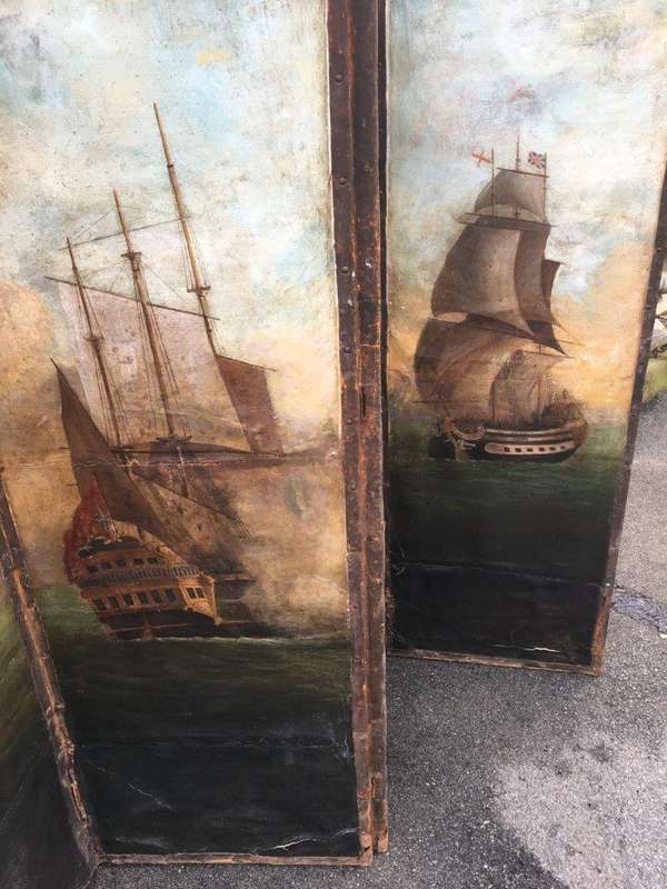 Antique Painted 4 Panel Screen - Ships
