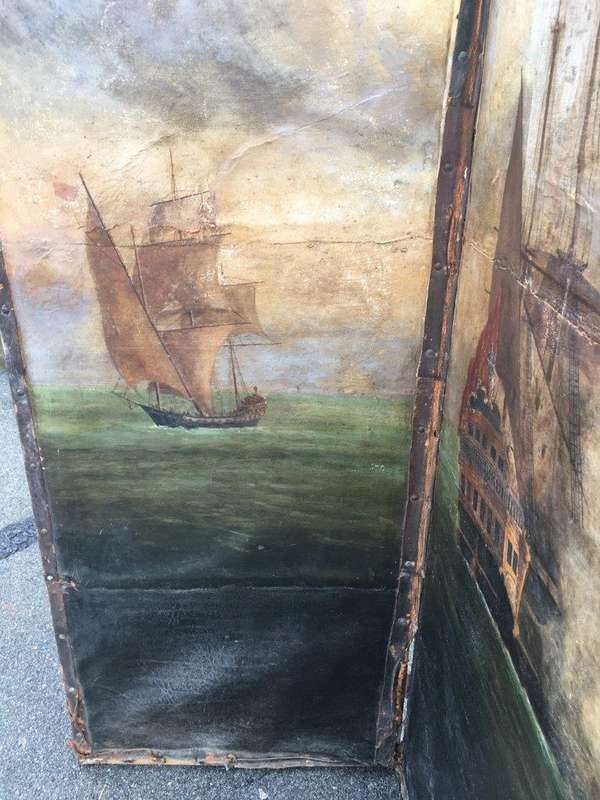 Antique Painted 4 Panel Screen - Ships
