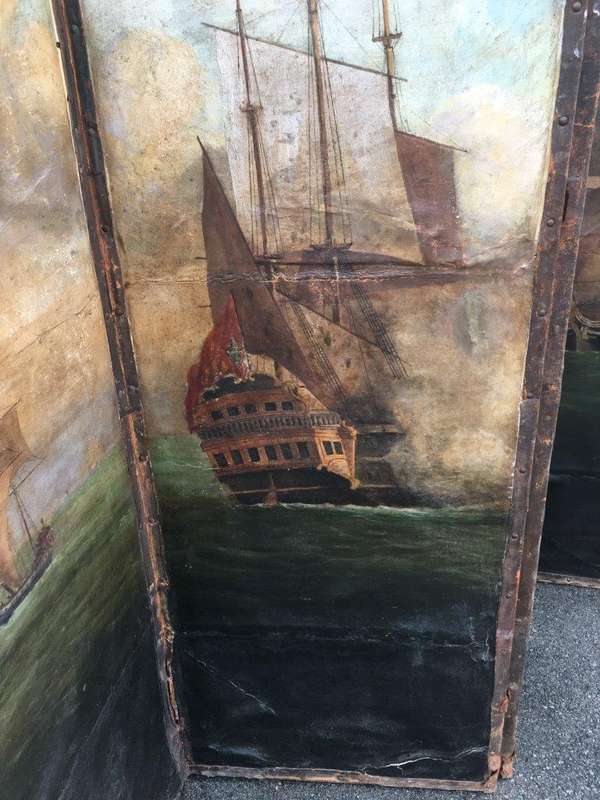 Antique Painted 4 Panel Screen - Ships