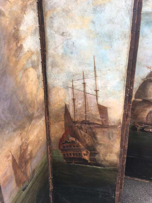 Antique Painted 4 Panel Screen - Ships