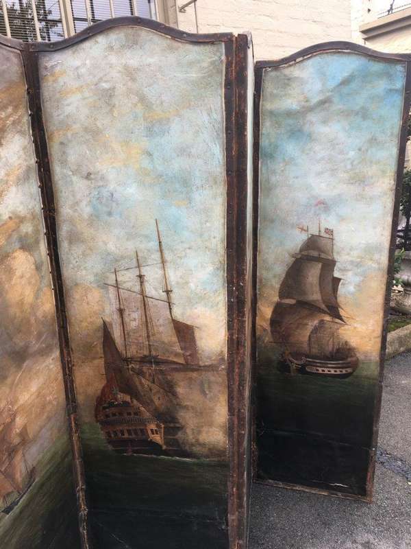 Antique Painted 4 Panel Screen - Ships