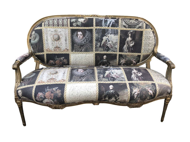 French style gilded settee with hand-painted fabric