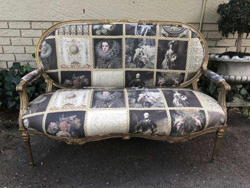 French style gilded settee with hand-painted fabric