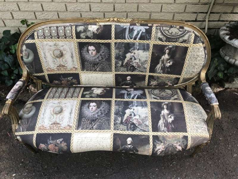 French style gilded settee with hand-painted fabric