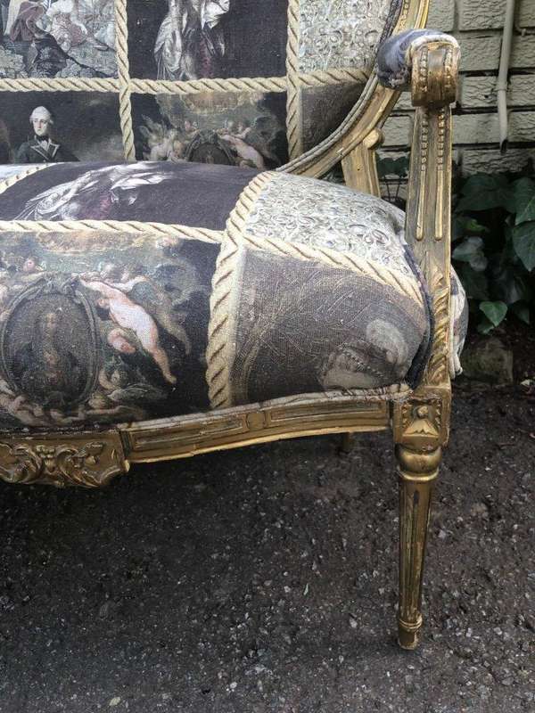 French style gilded settee with hand-painted fabric