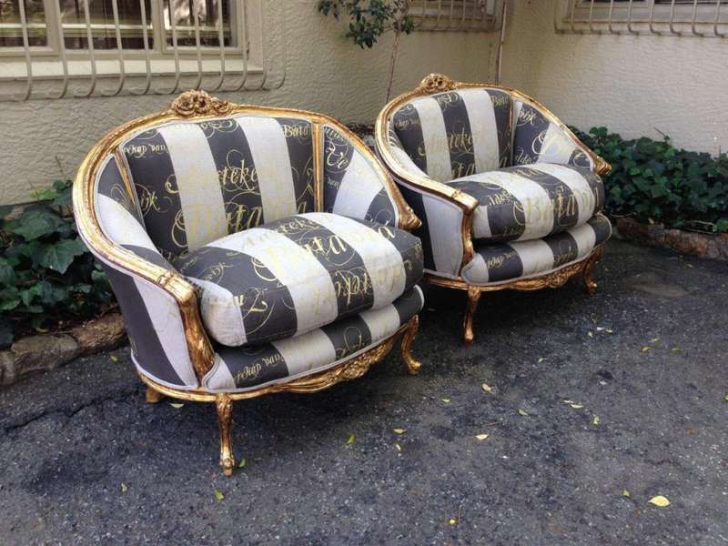 Pair Oversized French Bergere syle gilded armchairs hand gilded in  gold leaf upholstered with ha...