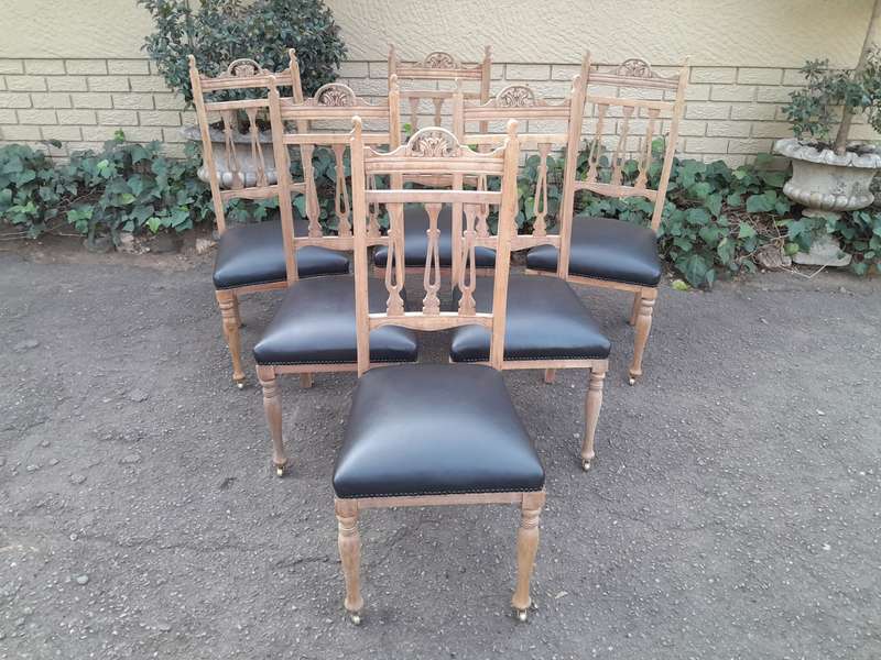 Set of 6 Edwardian Mahogany Chairs Upholstered in Black Leather