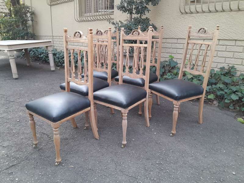 Set of 6 Edwardian Mahogany Chairs Upholstered in Black Leather