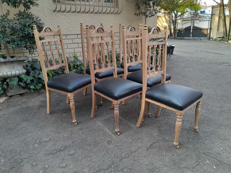 Set of 6 Edwardian Mahogany Chairs Upholstered in Black Leather