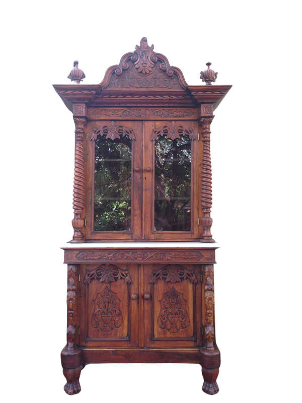 Rare 19TH Century Renaissance solid walnut buffet hutch server with marble top. Italian. Circa 1800