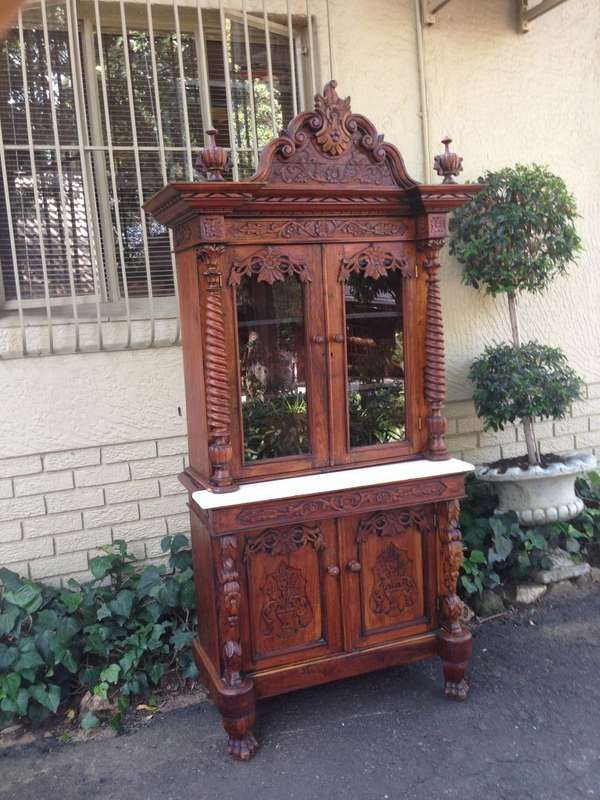 Rare 19TH Century Renaissance solid walnut buffet hutch server with marble top. Italian. Circa 1800