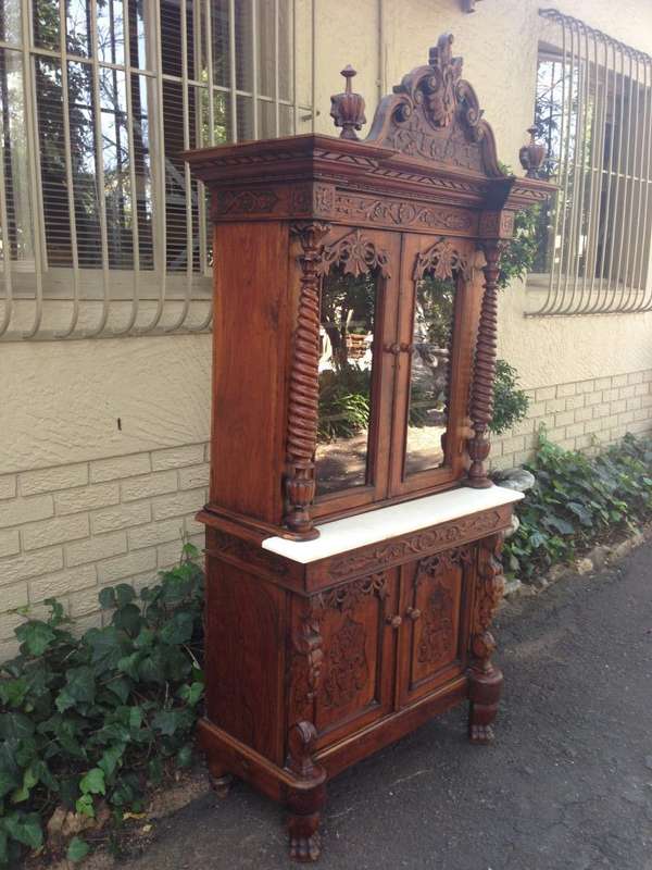 Rare 19TH Century Renaissance solid walnut buffet hutch server with marble top. Italian. Circa 1800