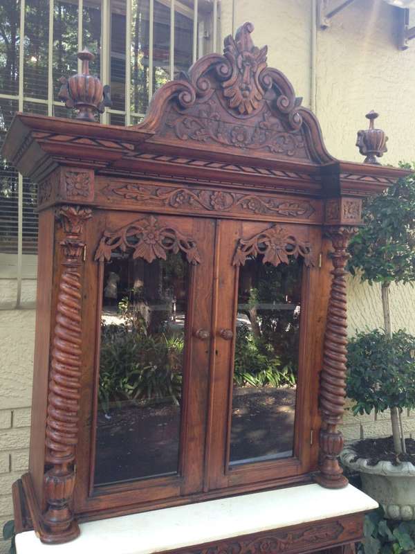 Rare 19TH Century Renaissance solid walnut buffet hutch server with marble top. Italian. Circa 1800