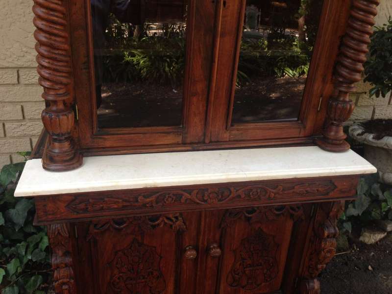Rare 19TH Century Renaissance solid walnut buffet hutch server with marble top. Italian. Circa 1800
