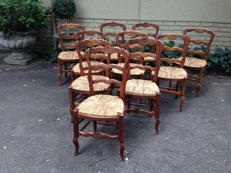 A Set Of Ten (10) French Beechwood Ladderback Chairs with upholstered Seagrass Seats
