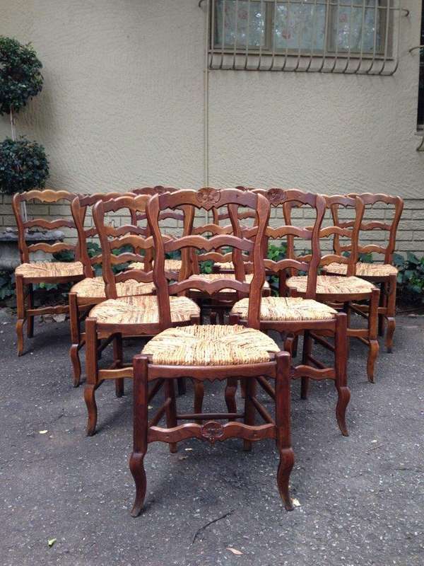 A Set Of Ten (10) French Beechwood Ladderback Chairs with upholstered Seagrass Seats