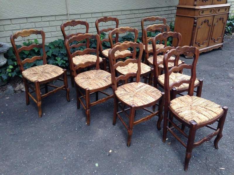 A Set Of Ten (10) French Beechwood Ladderback Chairs with upholstered Seagrass Seats