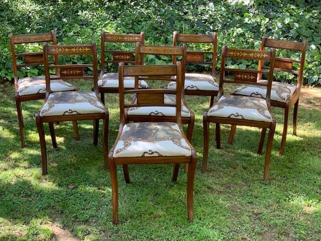 Set of 8 Regency Style Mahogany Dining Chairs with brass inlaid tablets