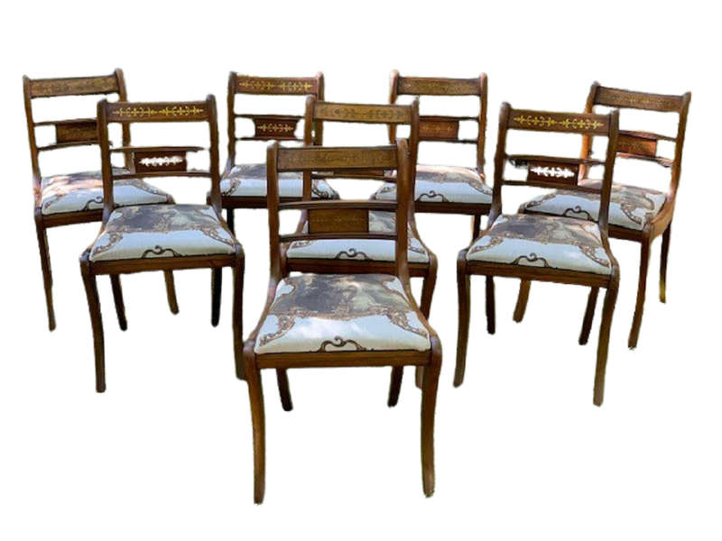 Set of 8 Regency Style Mahogany Dining Chairs with brass inlaid tablets