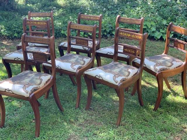 Set of 8 Regency Style Mahogany Dining Chairs with brass inlaid tablets