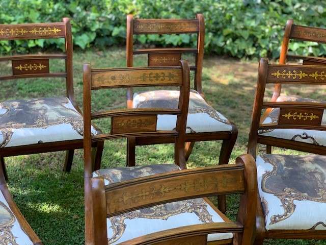 Set of 8 Regency Style Mahogany Dining Chairs with brass inlaid tablets
