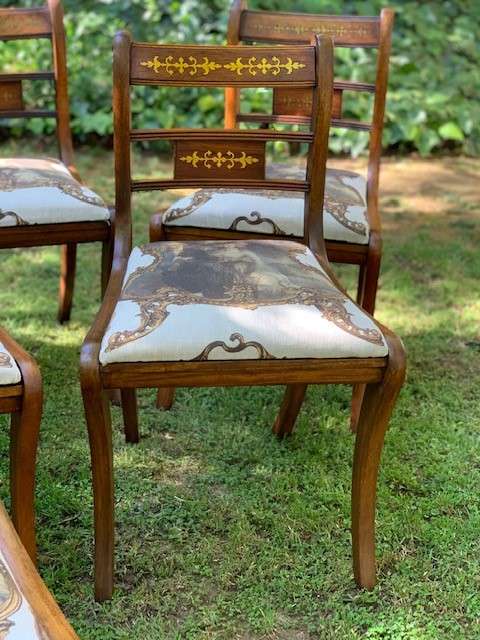 Set of 8 Regency Style Mahogany Dining Chairs with brass inlaid tablets
