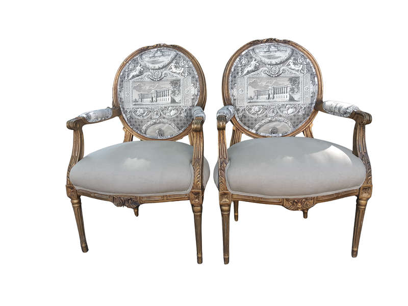 Pair Of French Style Carved Armchairs, Gilded And Upholstered In Imported Linen And Cotton Uphols...