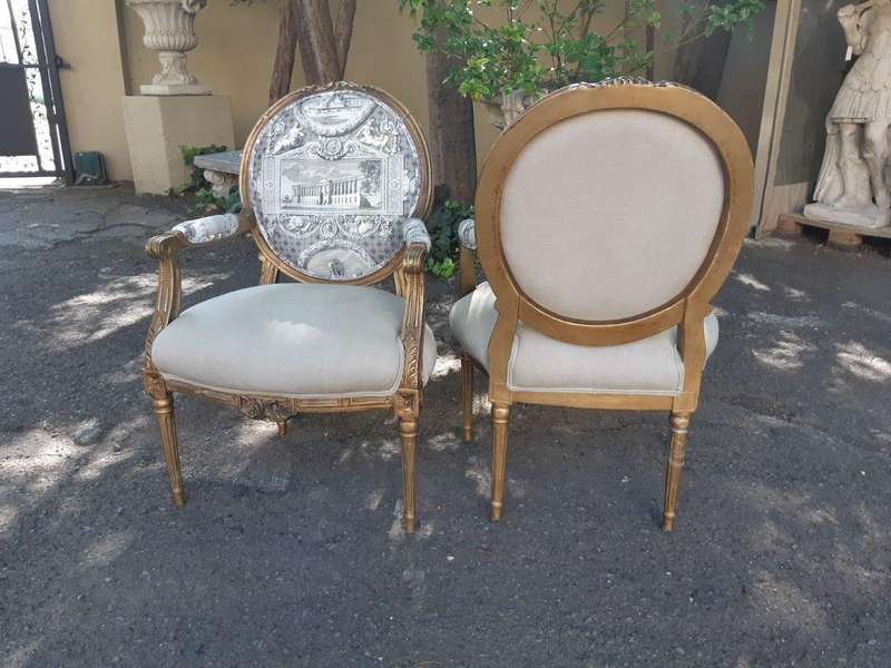 Pair Of French Style Carved Armchairs, Gilded And Upholstered In Imported Linen And Cotton Uphols...