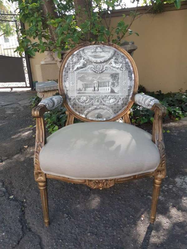 Pair Of French Style Carved Armchairs, Gilded And Upholstered In Imported Linen And Cotton Uphols...