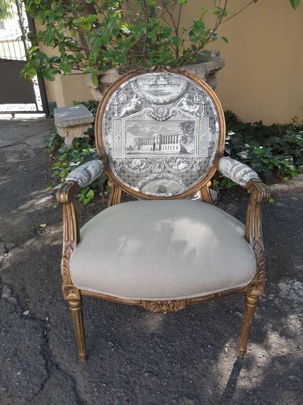 Pair Of French Style Carved Armchairs, Gilded And Upholstered In Imported Linen And Cotton Uphols...