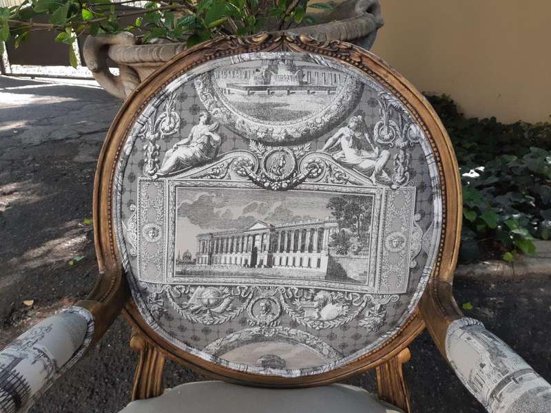 Pair Of French Style Carved Armchairs, Gilded And Upholstered In Imported Linen And Cotton Uphols...