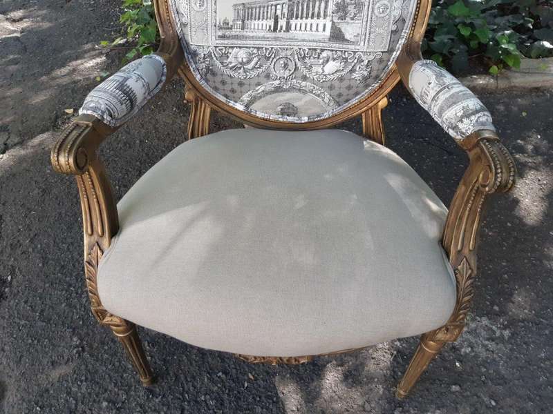 Pair Of French Style Carved Armchairs, Gilded And Upholstered In Imported Linen And Cotton Uphols...