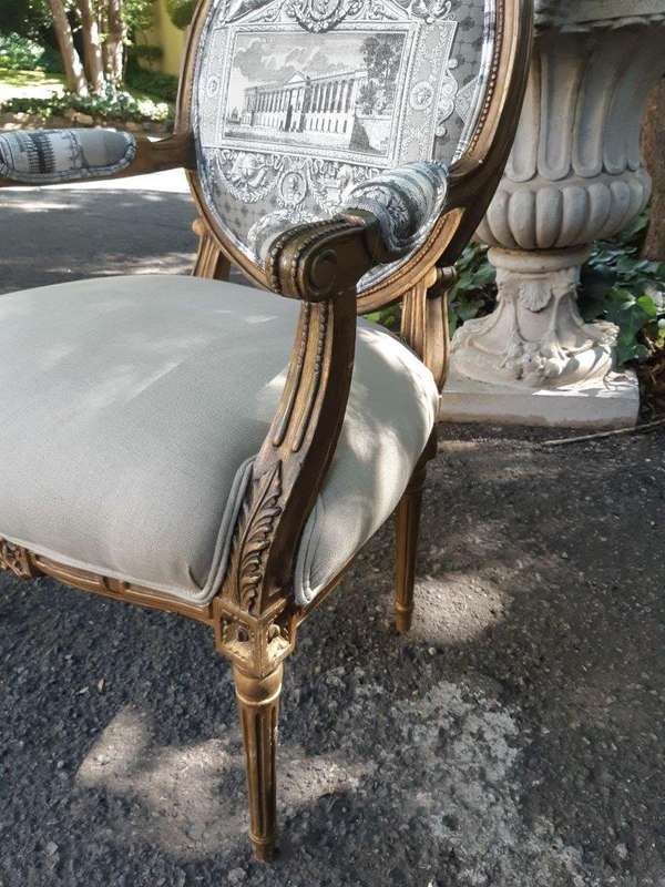 Pair Of French Style Carved Armchairs, Gilded And Upholstered In Imported Linen And Cotton Uphols...
