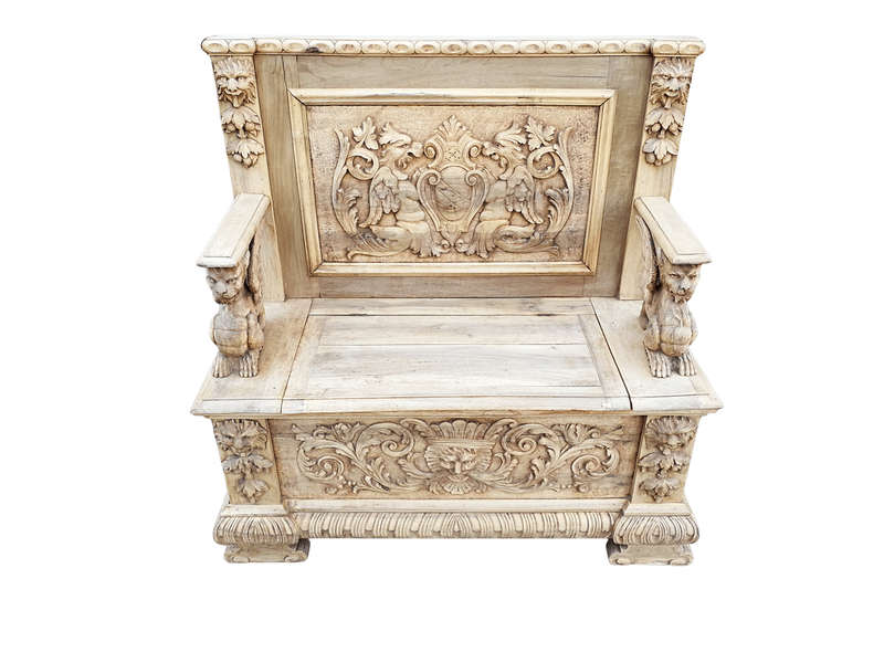 Italian Bleached / Natural Wood Finish walnut monk's bench carved with griffins and a crest - ND